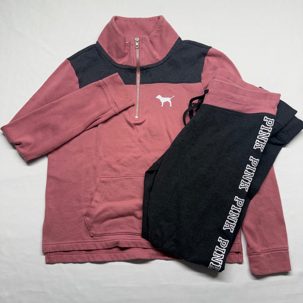 PINK Victoria's Secret YOGA Set Top Small Pants Medium Quarter Zip Joggers Pink